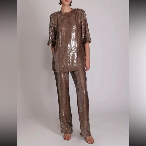 Free People Pants - Free People Sabina Musayev Nancy Sequin Top & Pants Set in Chocolate
